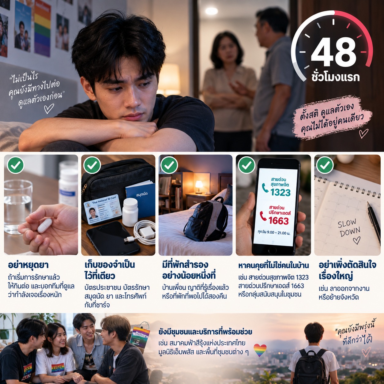 ภาพแนะนำการดูแลตัวเองใน 48 ชั่วโมงแรกหากครอบครัวยังไม่ยอมรับ เช่น กินยาต่อ เก็บของจำเป็น เตรียมที่พักสำรอง หาคนหรือสายด่วนช่วยเหลือ และหลีกเลี่ยงการตัดสินใจครั้งใหญ่ทันที