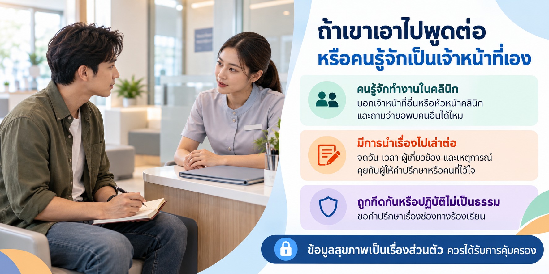 ภาพชายวัยหนุ่มปรึกษาเจ้าหน้าที่คลินิก พร้อมคำแนะนำให้ขอเปลี่ยนผู้ดูแล บันทึกเหตุการณ์ และขอคำปรึกษาเมื่อถูกปฏิบัติไม่เป็นธรรม