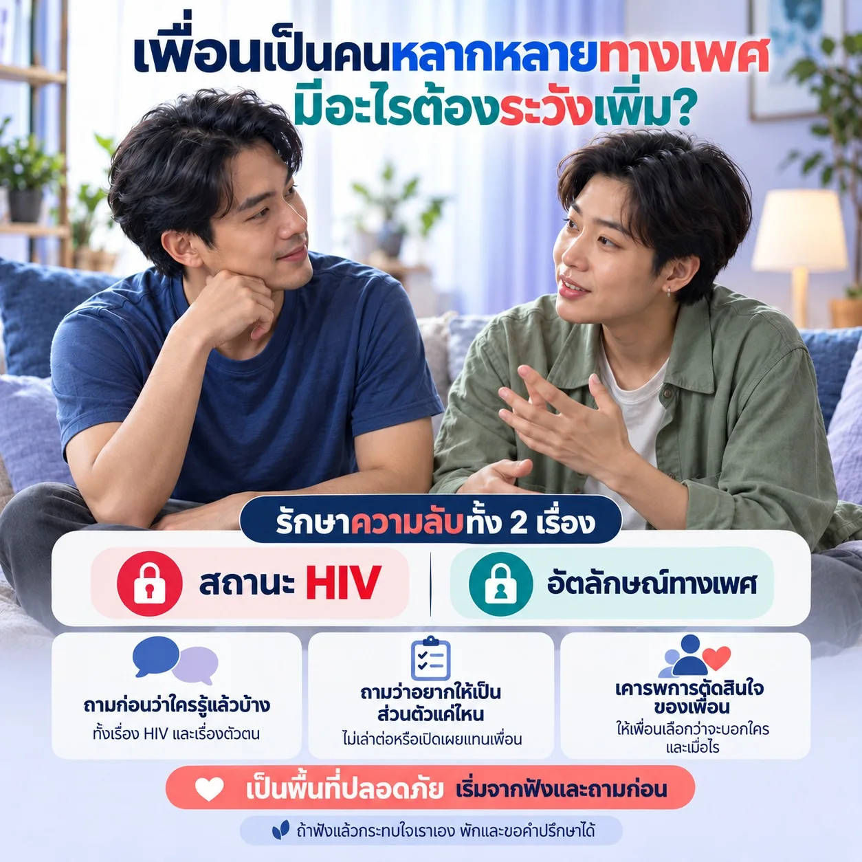 ภาพเพื่อนสองคนพูดคุยอย่างเป็นส่วนตัว พร้อมคำแนะนำให้รักษาความลับทั้งสถานะ HIV และอัตลักษณ์ทางเพศ ถามก่อนเล่าต่อ และให้เพื่อนเลือกว่าจะเปิดเผยกับใครเมื่อไร