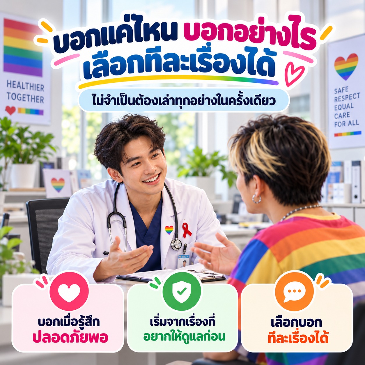 ภาพแนะนำว่าสามารถเลือกบอกข้อมูลสุขภาพหรือเรื่องส่วนตัวกับแพทย์ทีละเรื่องได้ โดยเริ่มจากเรื่องที่สำคัญต่อการรักษาและรู้สึกสบายใจที่จะพูดก่อน